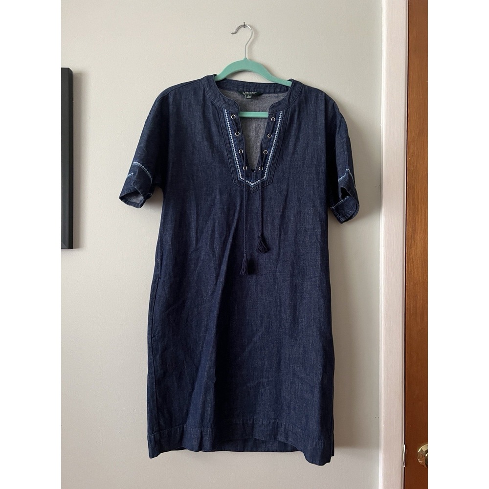 Lauren Ralph Lauren Denim Shift Dress Short Sleeve Fall Embroidered Women Size 6